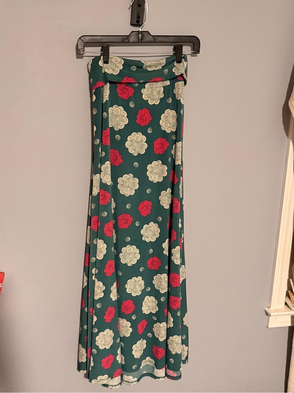 Women’s Green Floral Maxi Skirt with Red & Cream Accents